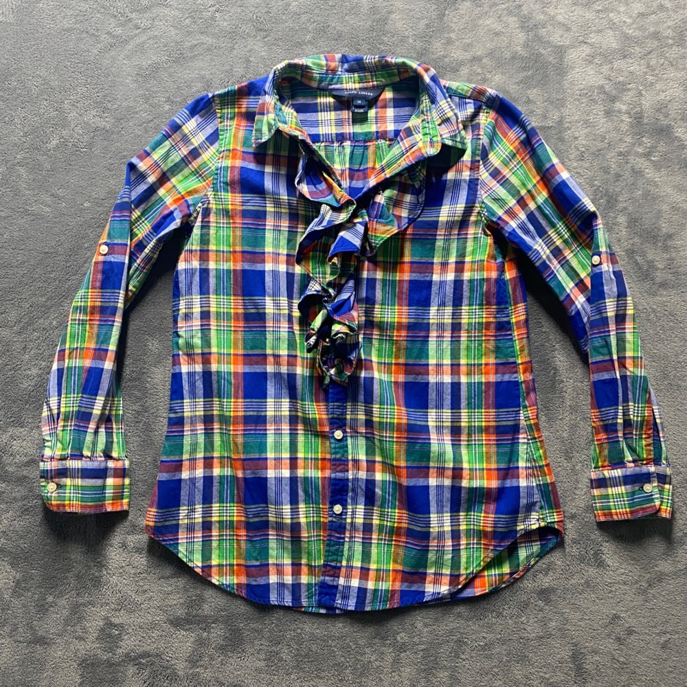 Ralph Lauren Button Down Shirt Girls 14 Plaid Ruffle Multi Color Cotton